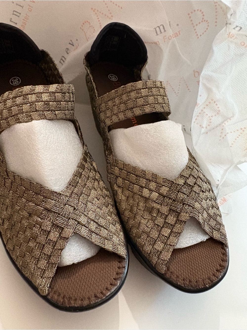 bernie mev. Metallic Brown Woven Slide Sandals